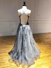 Dark Grey Halter Backless Tulle with Lace Party Dress A-line Grey Formal Dress prom dresses shops