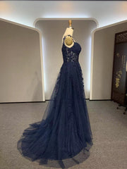 Dark Navy Blue Long Lace Prom Dresses, Dark Navy Blue Long Lace Formal Evening Dresses