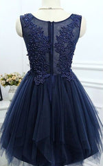 Dark Navy Jewel Sleeveless Homecoming Dresses,Appliques Beading A Line Tulle Semi Formal Dress