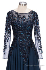 Dark Navy Long A-line Jewel Tulle Formal Evening Dresses with Sleeves