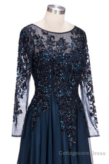 Dark Navy Long A-line Jewel Tulle Formal Evening Dresses with Sleeves