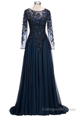 Dark Navy Long A-line Jewel Tulle Formal Evening Dresses with Sleeves