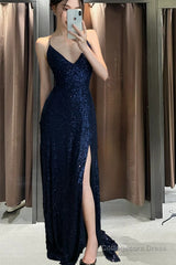 Dark Navy Sequins Sparkly Mermaid Spaghetti Straps Long Evening Prom Dresses