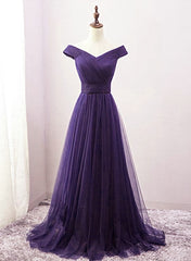 Dark Purple Sweetheart Tulle Off Shoulder Bridesmaid Dress, Long Prom Dress