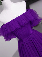 Dark Purple Tulle Off Shoulder Long Party Dress, A-line Purple Prom Dress