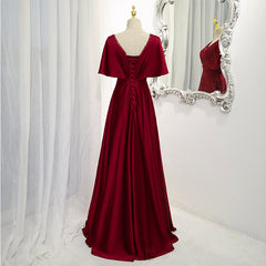 Dark Red Satin A-line Floor Length Evening Dress, Wine Red Wedding Party Dresses