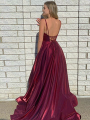 Dark Red Satin A Line Tight Long Prom Dress With Slit