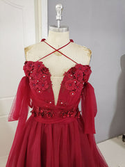 Dark Red Tulle Lace Long Prom Dress, Red Tulle Lace Evening Dress