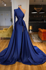 Dark Royal Blue One shoulder Ruffles Side-cut Overskirt Prom Dress