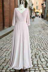 Deep V-neck 1/2 Sleeves Chiffon Max Dresses Side-Slit Floor-Length Bridesmaid Dress