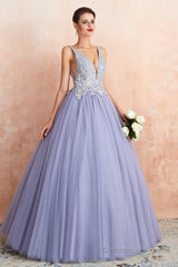 Deep V Neck Beaded Tulle Lavender Prom Dresses