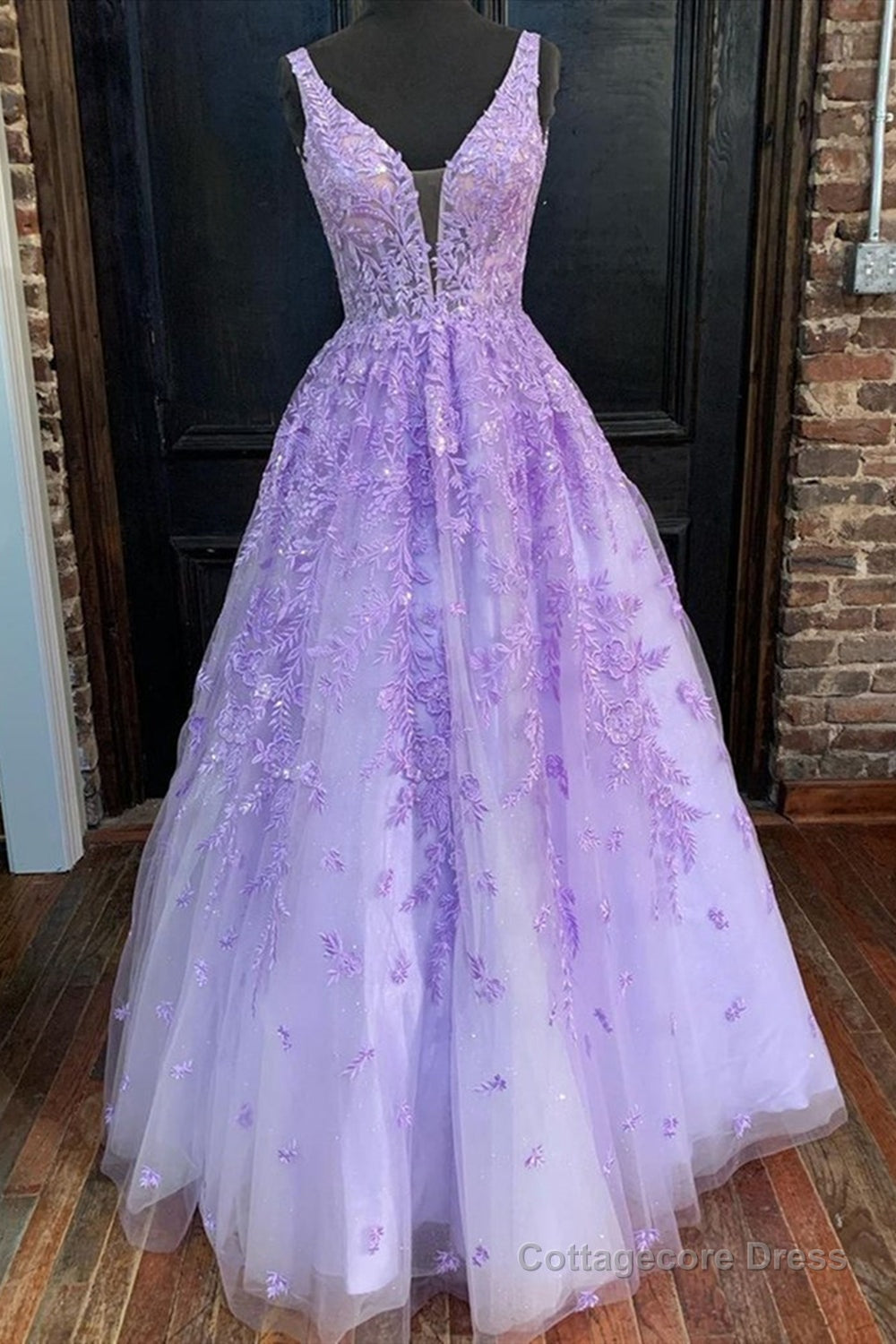 Deep V Neck Purple Lace Long Prom Dresses, Purple Lace Formal Dresses, Purple Evening Dresses