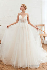 Deep V See Through Neck Bridal Dresses Spaghetti Straps Fairy Tulle Wedding Gowns