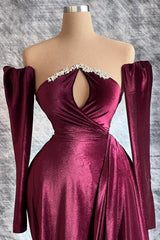 Designer Burgundy Velvet Long Sleeves Prom Dress With Train,Gala Dresses Elegant