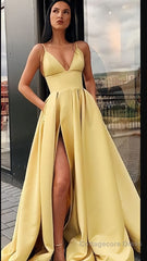 Different Colors A-line Satin Sleeveless Spaghetti Straps Slit Prom Dress