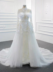 Discover The Latest White Mermaid Tulle High Neck Pearls Wedding Dress With Removable Train