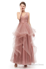 Double V-Neck Beaded Applique Layered Tulle Prom Dresses