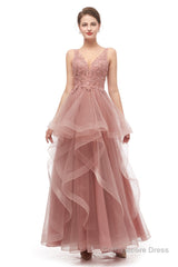 Double V-Neck Beaded Applique Layered Tulle Prom Dresses