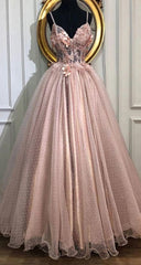 A Line V Neck Tulle Long Prom Dresses, Pearl Pink Appliques Formal Evening Dress