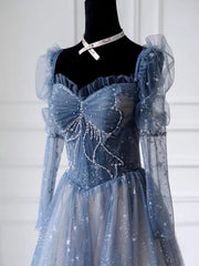 Unique Long Sleeve Prom Dress, Frozen Blue Dress, Haute Couture Temperament Evening Dress, Princess Dress, Custom Made