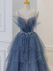 Blue Sweetheart Tulle Sequin Long Prom Dress, Blue Evening Dress