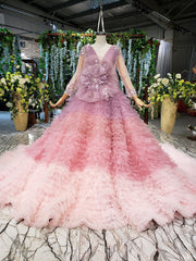 Dreamy Pink Ball Gown V-neck Long Sleeve Tulle Pleats Appliques Wedding Dress