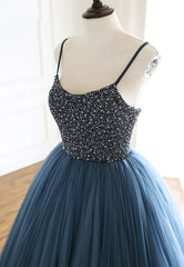 Blue Tulle Long Prom Dresses, A-Line Evening Dresses with Beading