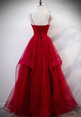 Burgundy Tulle Long Prom Dresses, V-Neck Evening Dress