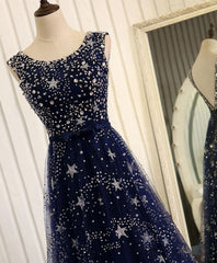 Blue Beaded Sequins Long Prom Dress, Blue Evening Dress