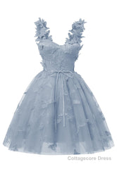 Dusty Blue 3D Butterfly Lace Applique Tulle Homecoming Dress for Teens Sweetheart Mini Short Prom Dresses