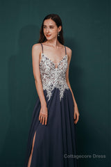 A-line Spaghetti Straps Side Split Long Prom Dresses