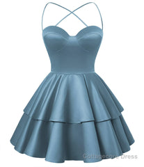 Dusty Blue Satin Homecoming Dress Sweetheart Neck Tiered Short Graduation Dresses