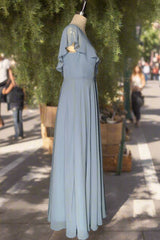 Dusty Blue V-Neck Chiffon Bridesmaid Dress Backless Ruffled Split for Teens A-Line Long Bridesmaid Dresses