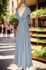 Dusty Blue V-Neck Chiffon Bridesmaid Dress Backless Ruffled Split for Teens A-Line Long Bridesmaid Dresses