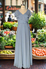 Dusty Blue V-Neck Chiffon Bridesmaid Dress Backless Ruffled Split for Teens A-Line Long Bridesmaid Dresses