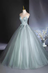 Dusty Green Tulle Floor Length Prom Dress with Lace, Elegant A-Line Formal Evening Dress