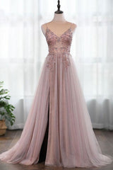 Dusty Pink Spaghetti Straps Gorgeous Beading Prom Dress A Line Split Tulle Evening Dresses