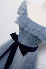 Blue Off the Shoulder Tulle Long Prom Dress with Sash, Sparkly Formal Gown