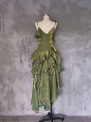 Green Asymmetrical Layered Flounce Spaghetti Strap Dress Evening Gown