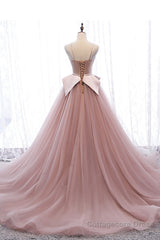 Pink Spaghetti Straps Tulle Long Formal Prom Dress, Unique Long Wedding Dess