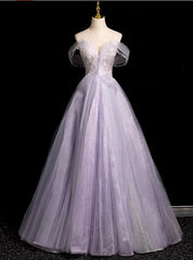 Elegance Purple Tulle Off the Shoulder Beading Prom Dress