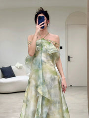 Elegant A Line Halter Chiffon Ombre Green Long Prom Dresses Evening Party Dress CC1260