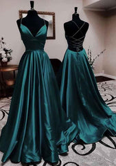 Elegant A-line V Neck Long Prom Dress with Pleated Charmeuse Skirt