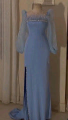 Elegant Blue Sequins Feathers Evening Dress Long Slit Prom Dress Party Gown