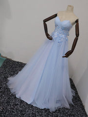 Elegant Blue Tulle Sweetheart Party Dress Formal Dress, Blue Lace Applique Prom Dress 2025