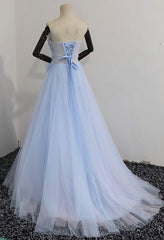 Elegant Blue Tulle Sweetheart Party Dress Formal Dress, Blue Lace Applique Prom Dress 2025