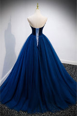 Elegant Blue Velvet And Tulle Long Prom Dress Strapless