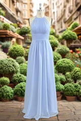 Elegant Chiffon Halter Floor Length Sky Blue Bridesmaid Dress