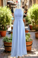 Elegant Chiffon Halter Floor Length Sky Blue Bridesmaid Dress