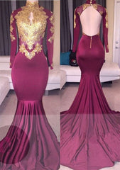 Elegant High-Neck Long-Sleeves Gold-Appliques Backless Prom Dresses